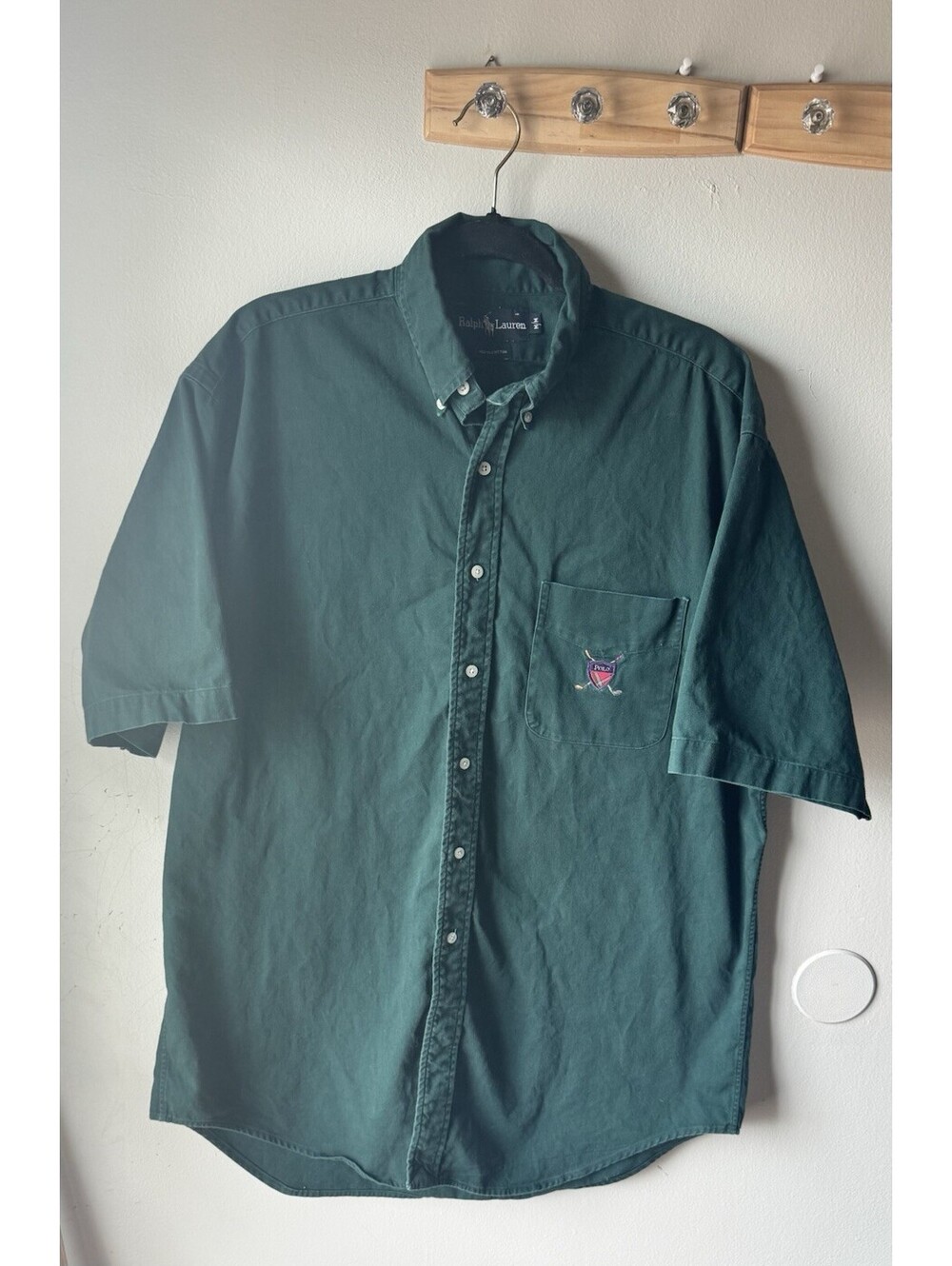 VTG 90s Polo Ralph Lauren Green Short Sleeve Button Down Rare Golf Crest Size M
